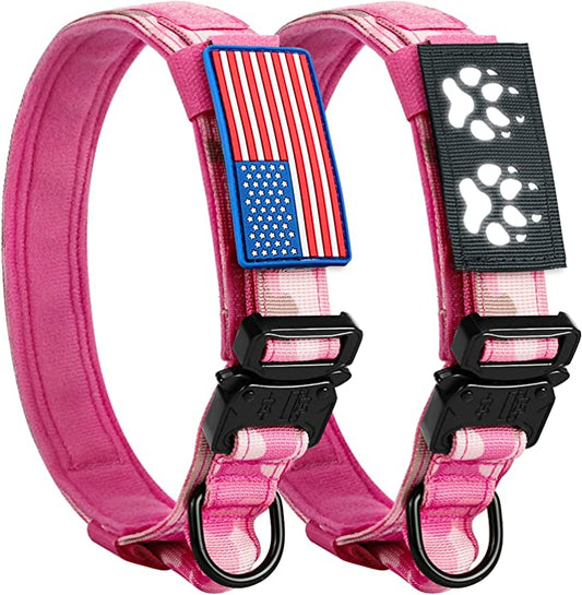 Pink Camo Tactical Dog Collar with USA Flag & Reflective Patch 1.5"