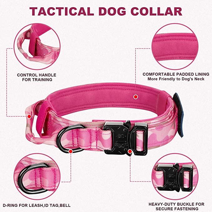 Pink Camo Tactical Dog Collar with USA Flag & Reflective Patch 1.5"