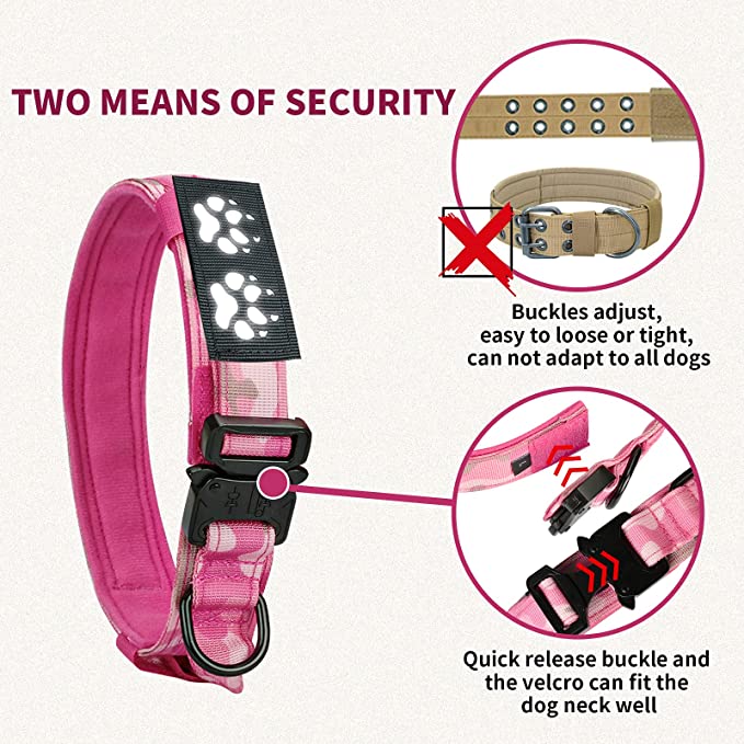 Pink Camo Tactical Dog Collar with USA Flag & Reflective Patch 1.5"